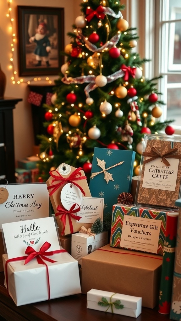 Unique Christmas Gift Ideas A festive arrangement of unique Christmas gifts including personalized jewelry, handmade crafts, and experience vouchers.